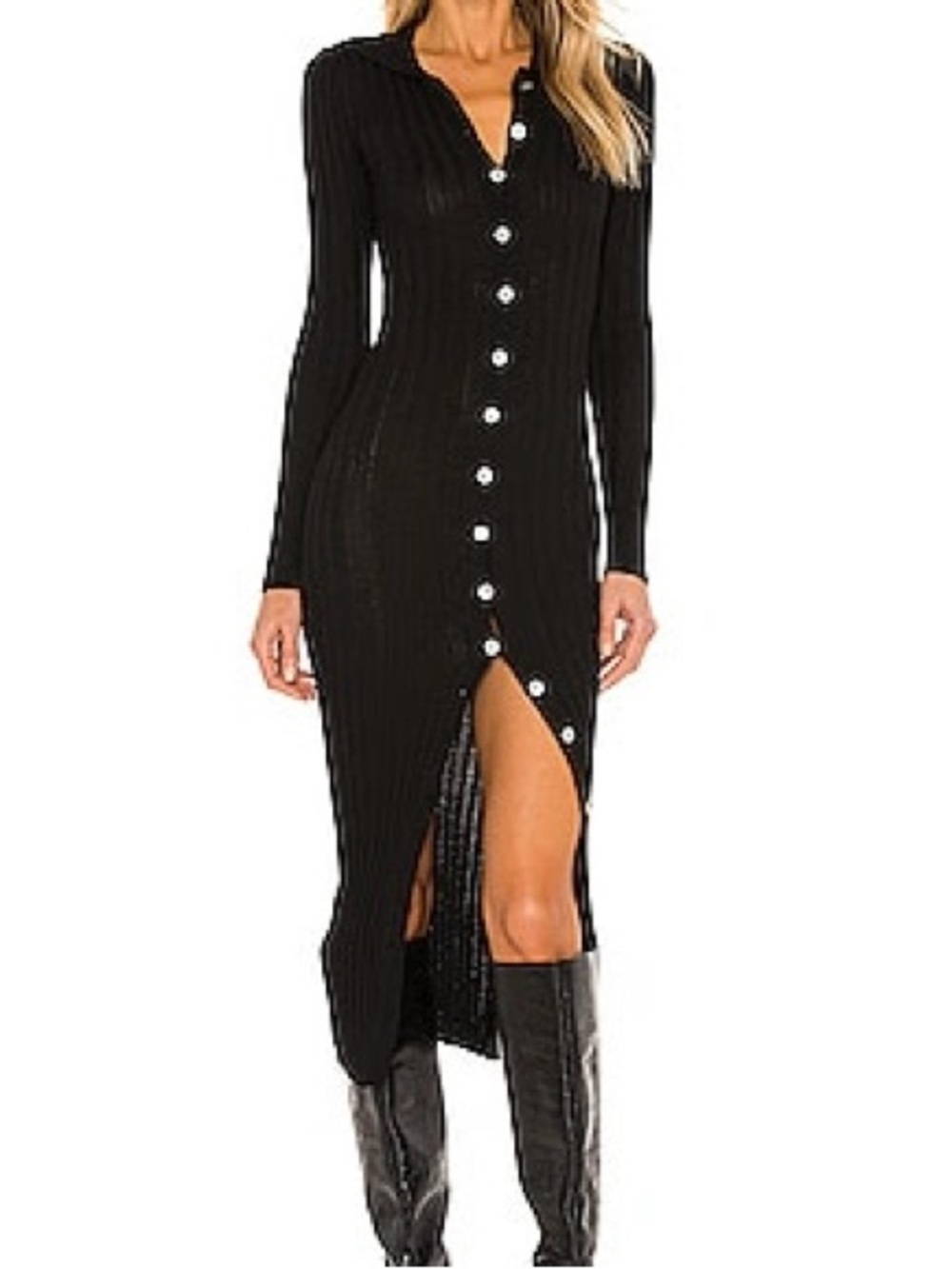 Lovers + Friends Black Ribbed Button-Front Long Sleeve Midi Dress
